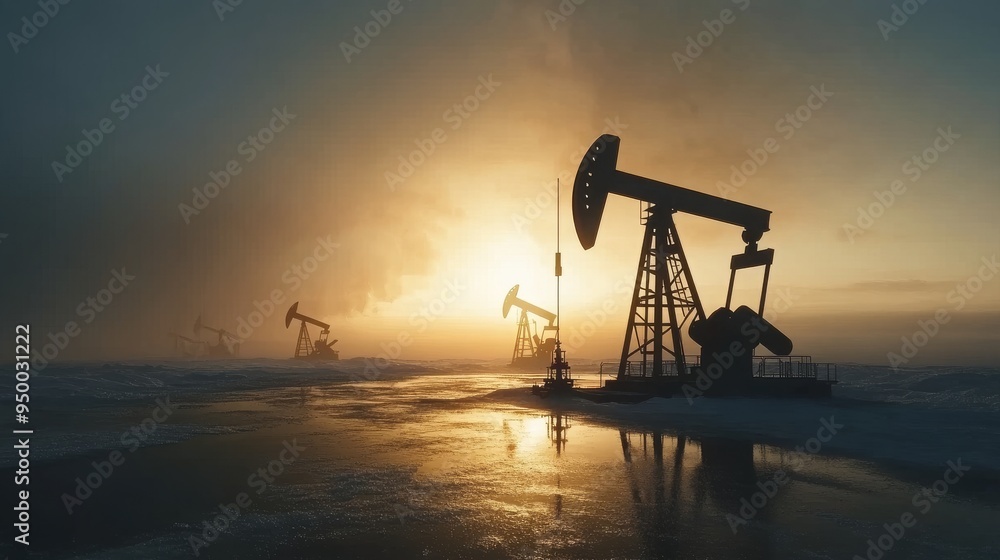 Sunrise or sunset illuminates pumpjacks, which symbolically represent the energy sector's work amidst drilling rigs. Sunrise or sunset illuminates pumpjacks, which symbolically represent the energy sector's work amidst drilling rigs.
