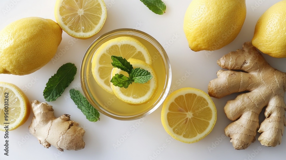 Fresh lemon ginger tea, garnished with mint and surrounded by lemons and ginger, displayed on a clean white background, emphasizing health and wellness. Fresh lemon ginger tea, garnished with mint and surrounded by lemons and ginger, displayed on a clean white background, emphasizing health and wellness.
