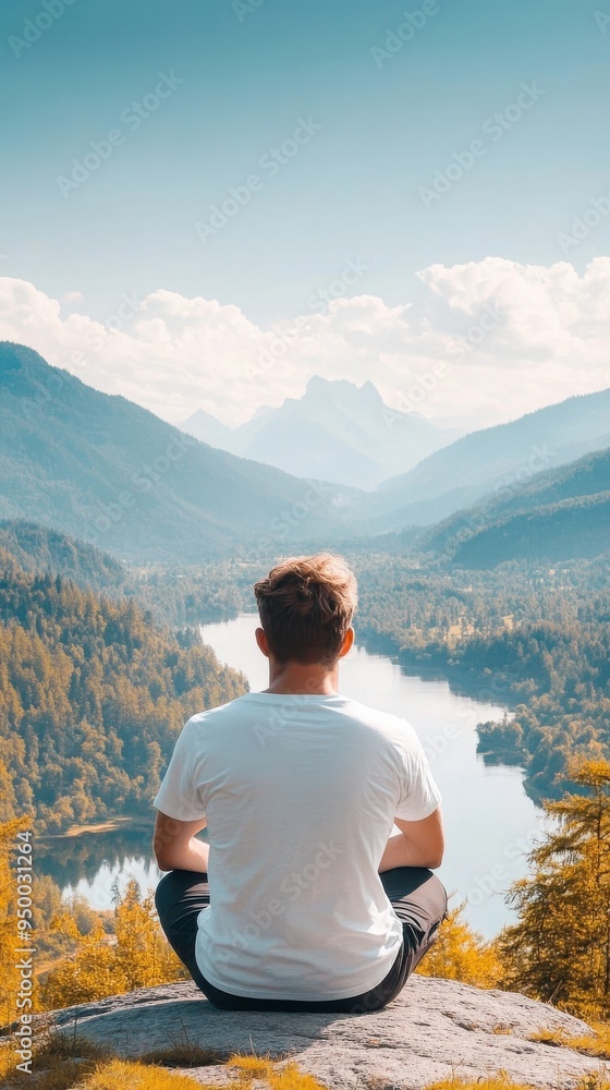 Naklejka premium A person lost in thought while looking out over a scenic landscape, capturing a moment of reflection