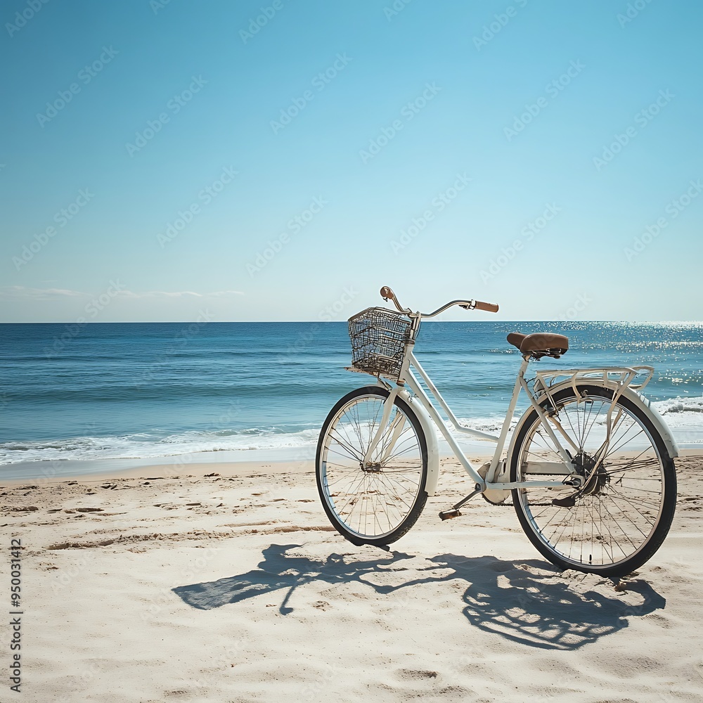 Fototapeta premium A classic bicycle sits on a sandy beach at sunset, symbolizing adventure, freedom, relaxation, and the beauty of nature