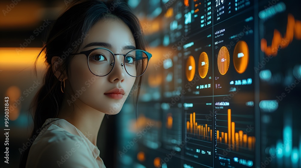 Female executive evaluating key data metrics on a digital dashboard, surrounded by analytical charts and business reports in an office. Female executive evaluating key data metrics on a digital dashboard, surrounded by analytical charts and business reports in an office.