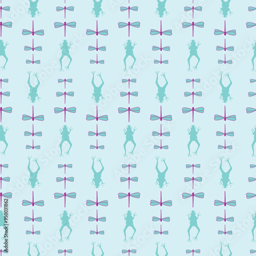 Vector pale blue seamless pattern background: Froggish Followers.