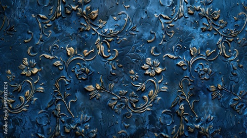 Fototapeta Naklejka Na Ścianę i Meble -  Blue and Gold Floral Pattern Embossed on a Textured Surface