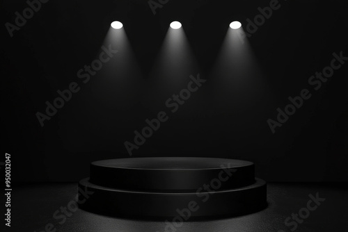 Three spotlights illuminating an empty black podium on a black background