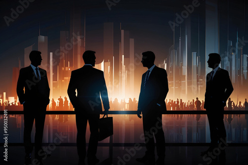 Abstract illustration of silhouette of business people standing discussion in modern office background 