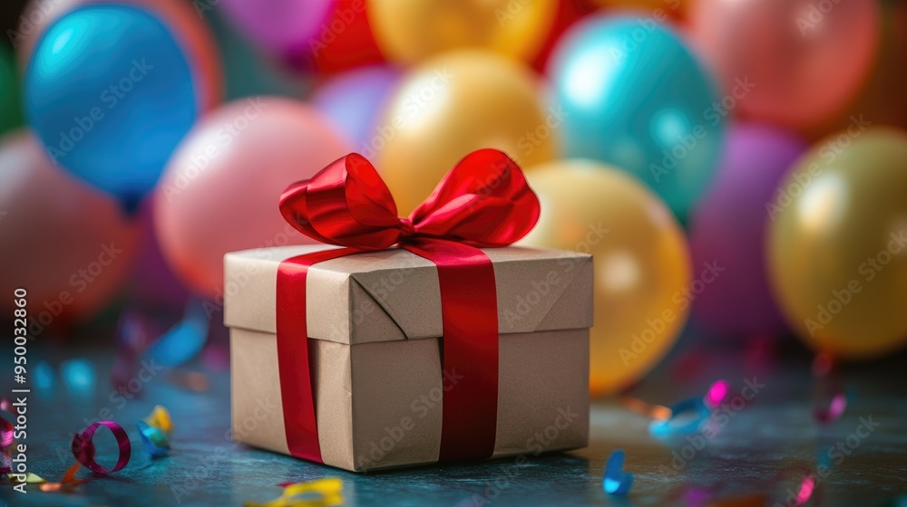 Gift box wrapped in brown paper with a red ribbon, surrounded by colorful balloons, symbolizing celebration and festivity. Gift box wrapped in brown paper with a red ribbon, surrounded by colorful balloons, symbolizing celebration and festivity.