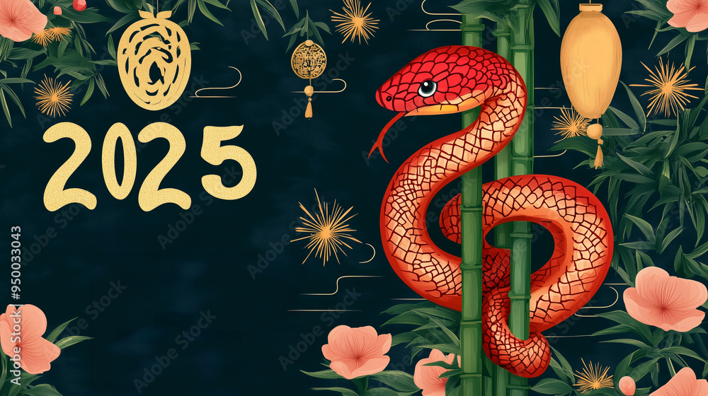 Obraz premium 2025 Chinese Lunar Year of the Snake with a red Bamboo Pit Viper coiled on green bamboo, surrounded by Plum blossoms, Bamboos, fireworks, and golden '2025' in a traditional porcelain style
