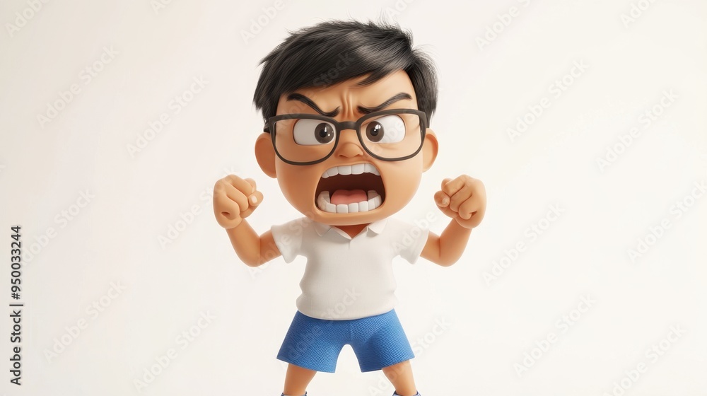 3D animated Thai boy with a big head, wearing glasses, angrily raising his fists in a white shirt and blue shorts, on a white background 3D animated Thai boy with a big head, wearing glasses, angrily raising his fists in a white shirt and blue shorts, on a white background