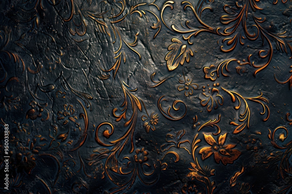 Intricate Gold Floral Design Embossed on Dark Surface Intricate Gold Floral Design Embossed on Dark Surface