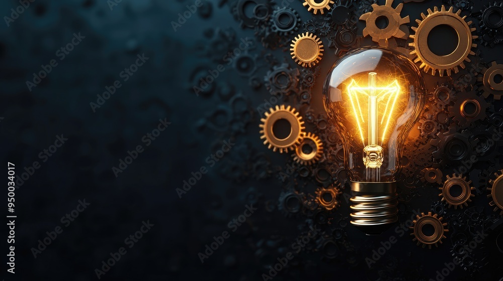 Glowing light bulb and cogwheel gears illustration, set against a dark background, symbolizing intelligence and creativity. Glowing light bulb and cogwheel gears illustration, set against a dark background, symbolizing intelligence and creativity.