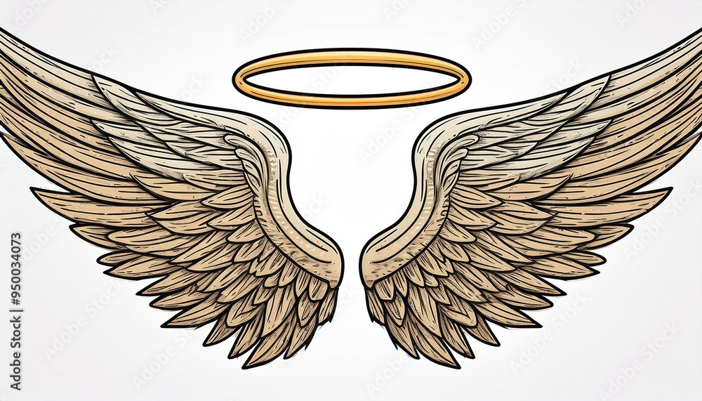 An angel wing with halo and angel lettering text set. Line sketch style wing. Simple illustration.