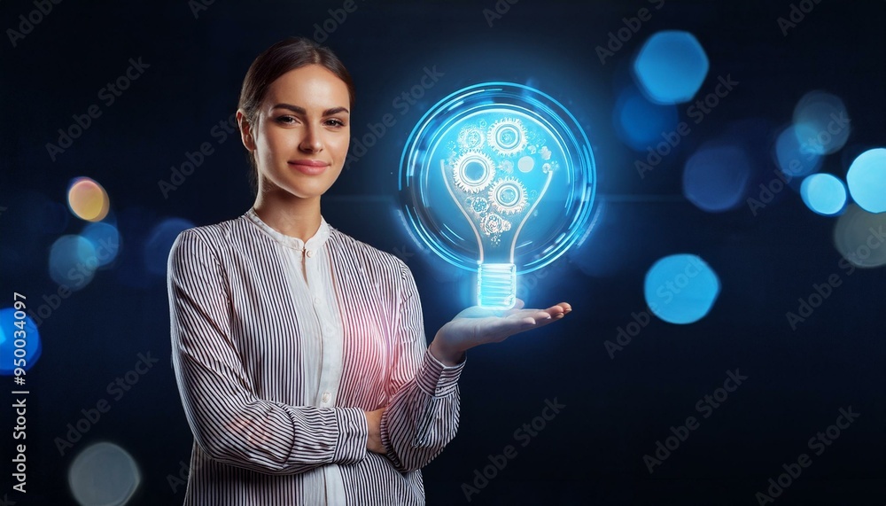 An attractive, thoughtful young european businesswoman holds a creative digital gears light bulb hologram over a blurry circle dark background with a mock up place. Innovation, idea and insight An attractive, thoughtful young european businesswoman holds a creative digital gears light bulb hologram over a blurry circle dark background with a mock up place. Innovation, idea and insight