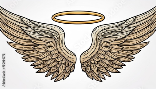 Obraz na płótnie An angel wing with halo and angel lettering text set. Line sketch style wing. Simple illustration. w salonie