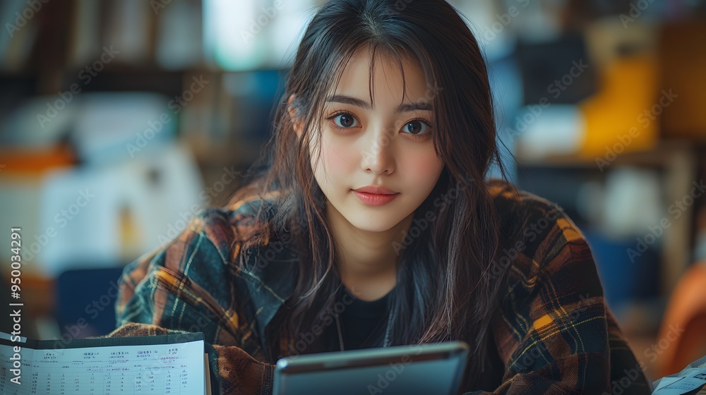 Asian female preparing for graduation, multitasking with a smartphone and laptop, surrounded by academic materials and a calendar. Asian female preparing for graduation, multitasking with a smartphone and laptop, surrounded by academic materials and a calendar.