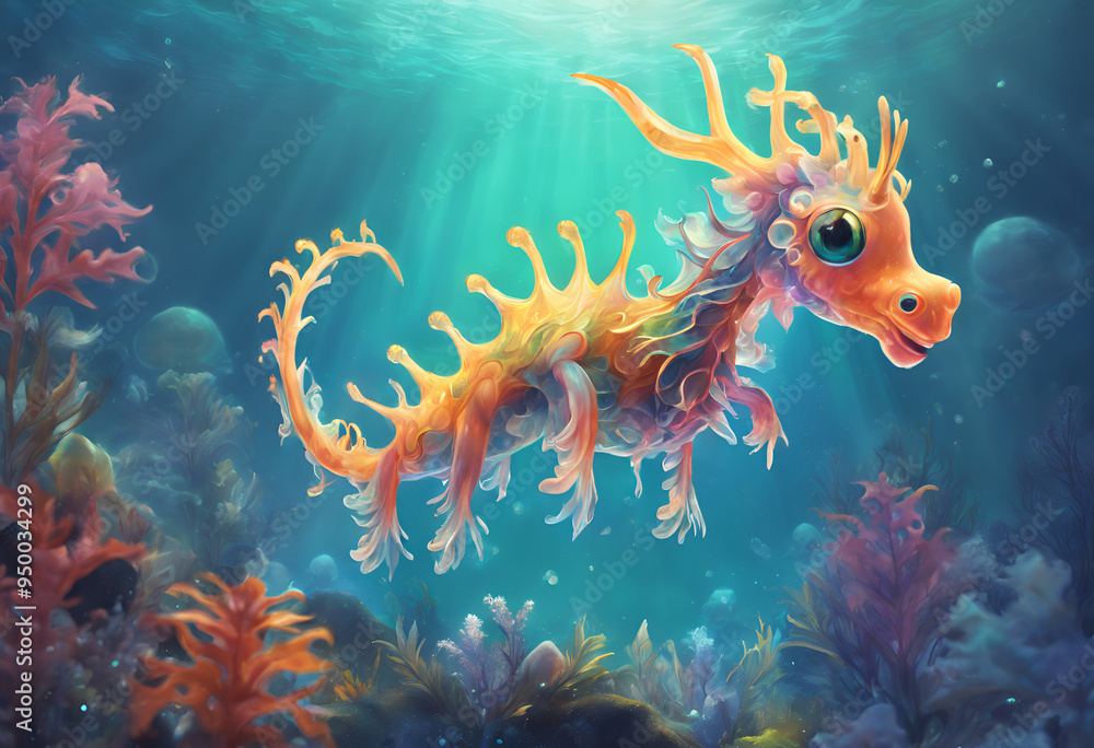 Close up portrait of a cute, beautiful and magical, multicoloured Leafy Seadragon, with a big shiny blue eye, under the turquoise sea. Soft rays of light, Corals and bubbles are soft focused behind. Close up portrait of a cute, beautiful and magical, multicoloured Leafy Seadragon, with a big shiny blue eye, under the turquoise sea. Soft rays of light, Corals and bubbles are soft focused behind.
