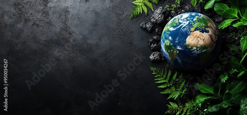 Earth Day, environment protection concept on green world with dark background.