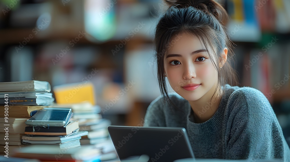 Asian female student multitasking with a laptop and smartphone, focusing on her graduation preparations at a desk cluttered with books. Asian female student multitasking with a laptop and smartphone, focusing on her graduation preparations at a desk cluttered with books.