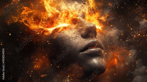 A face embodying the dual forces of creation and destruction, with tears of light and fire, in a continuous cycle