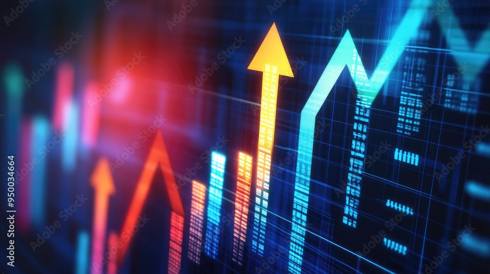 Growth chart with an up arrow, representing business strategy and financial success, on a digital background with progress bars. Growth chart with an up arrow, representing business strategy and financial success, on a digital background with progress bars.