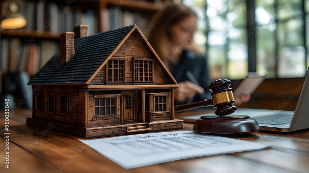 Legal professionals advising clients on real estate law, seated at a desk with paperwork, legal texts, and a laptop. Legal professionals advising clients on real estate law, seated at a desk with paperwork, legal texts, and a laptop.