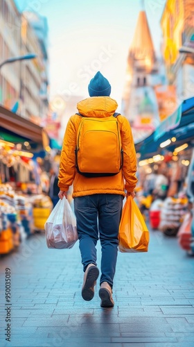 A person running errands at a vibrant city street market, interacting with vendors and carrying shopping bags, capturing the energy of daily urban activities