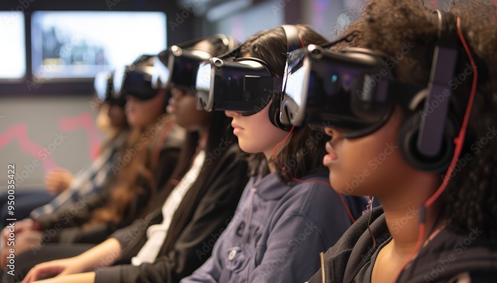 Students engaged in a classroom using VR headsets, experiencing immersive education, representing the blend of technology and learning in modern educational environments. Students engaged in a classroom using VR headsets, experiencing immersive education, representing the blend of technology and learning in modern educational environments.