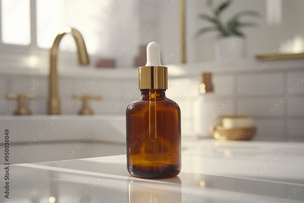 Skin care essence serum bottle in the bathroom on light background. Vitamins for skin. Hydrating anti aging serum with collagen and peptides. Cosmetics, daily face care routine Skin care essence serum bottle in the bathroom on light background. Vitamins for skin. Hydrating anti aging serum with collagen and peptides. Cosmetics, daily face care routine