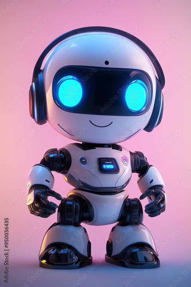 Cute AI robot with a headset, glowing blue eyes, and a friendly smile, standing against a soft gradient background Cute AI robot with a headset, glowing blue eyes, and a friendly smile, standing against a soft gradient background