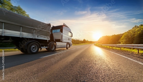 asphalt roadwith a tilt truck. lorry moving on sunny evening photo