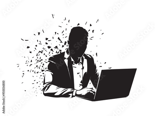 Businessman is working on his laptop. Programmer, coder, isolated vector silhouette, ink drawing. Business people