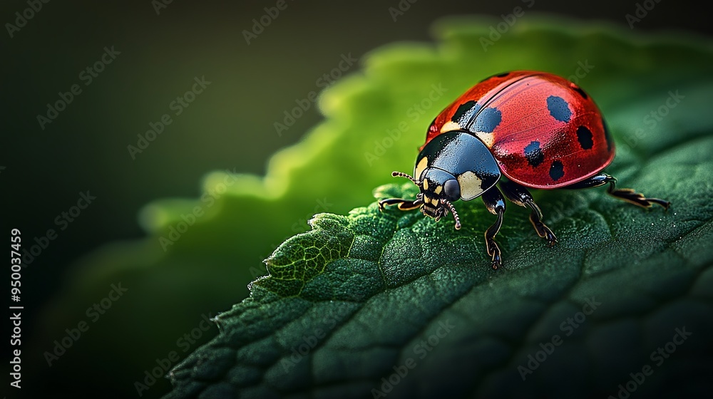 Fototapeta premium A vibrant ladybird rests elegantly upon a verdant leaf, its intricate patterns and glossy shell shimmering in the sunlight.
