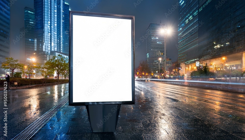 Blank billboard on a rainy city street at night Blank billboard on a rainy city street at night