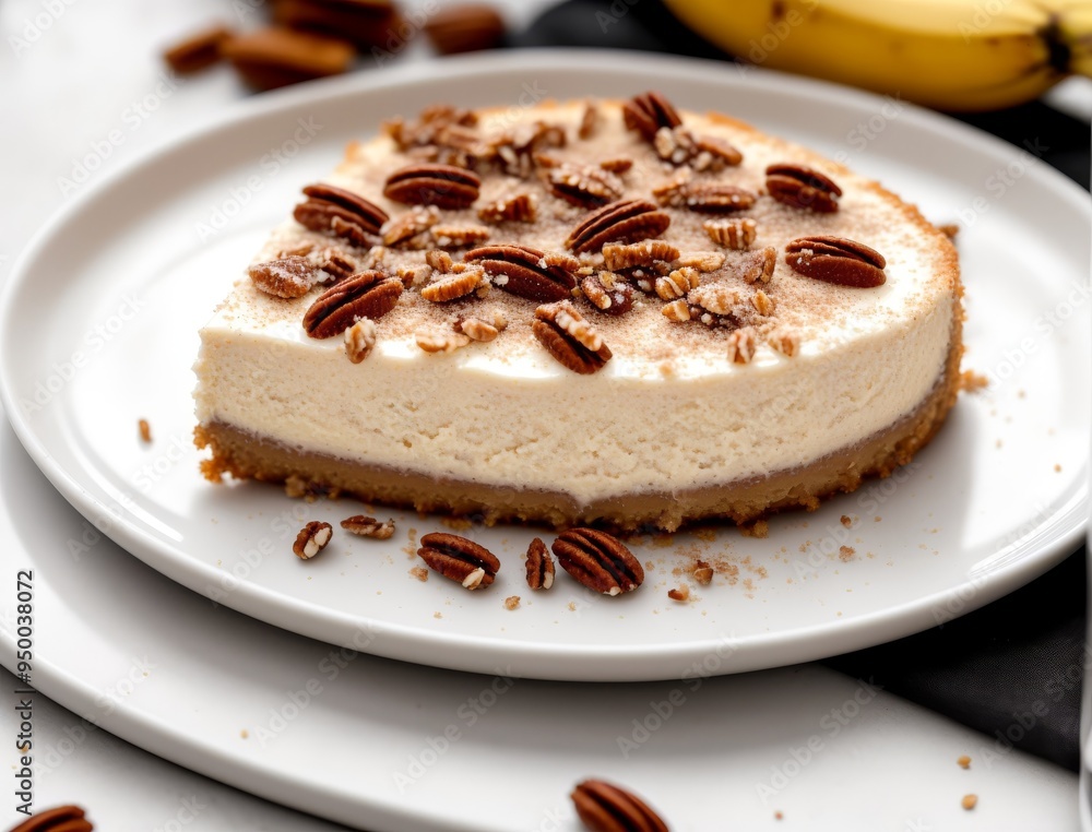 A velvety slice of cheesecake on a white plate. With pecans. A velvety slice of cheesecake on a white plate. With pecans.