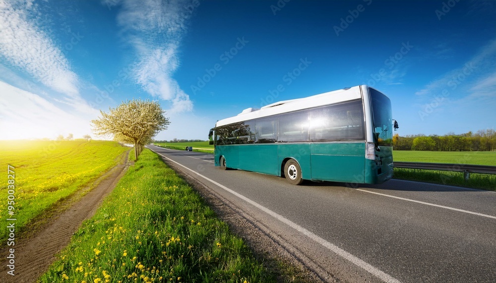 Bus on asphalt road in beautiful spring day at countryside Bus on asphalt road in beautiful spring day at countryside