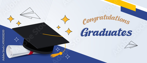 Graduation congratulations include elements of a graduation hat and graduation paper rolls and paper airplanes. Congratulations on your graduation. Design with education, student, college concept