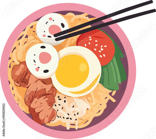 Anime Food Bowl Illustration, Flat Vector, Japanese Cuisine, Isolated on White, Ideal for Digital Art and Food Blogs