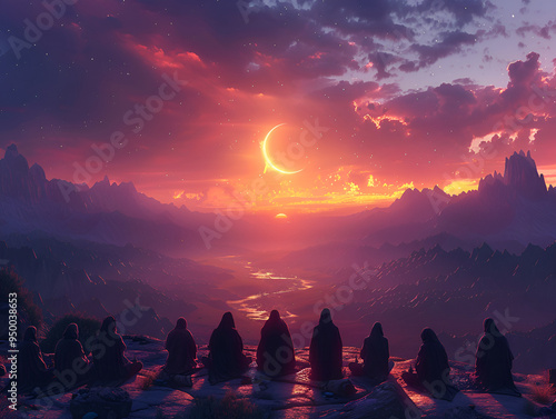 . People gathered on rocks, basking in the warm glow of a sunset, creating a tranquil and picturesque scene.
