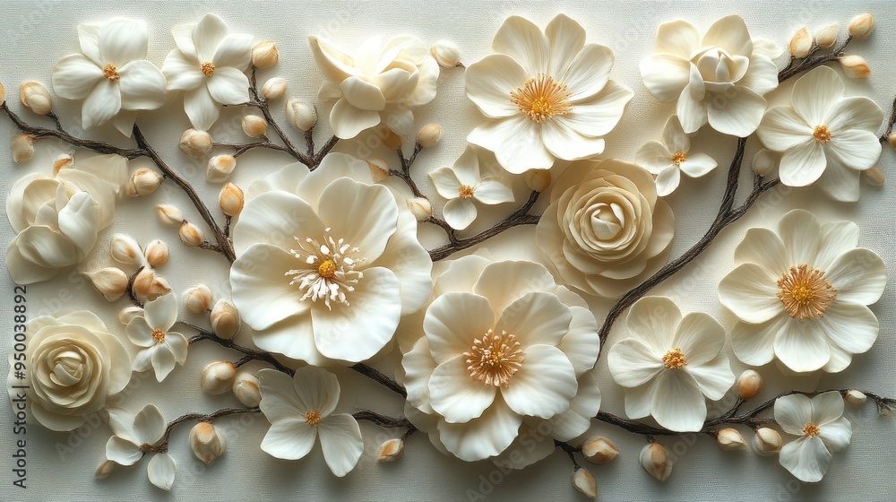Small, intricate floral motifs arranged on a white canvas Small, intricate floral motifs arranged on a white canvas
