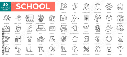 School thin line icons vector collection editable icons and stroke web icons of textbook,biology,maths,bag,schoolbus,pencilbox,students,desk,knowledge,library, vector stock