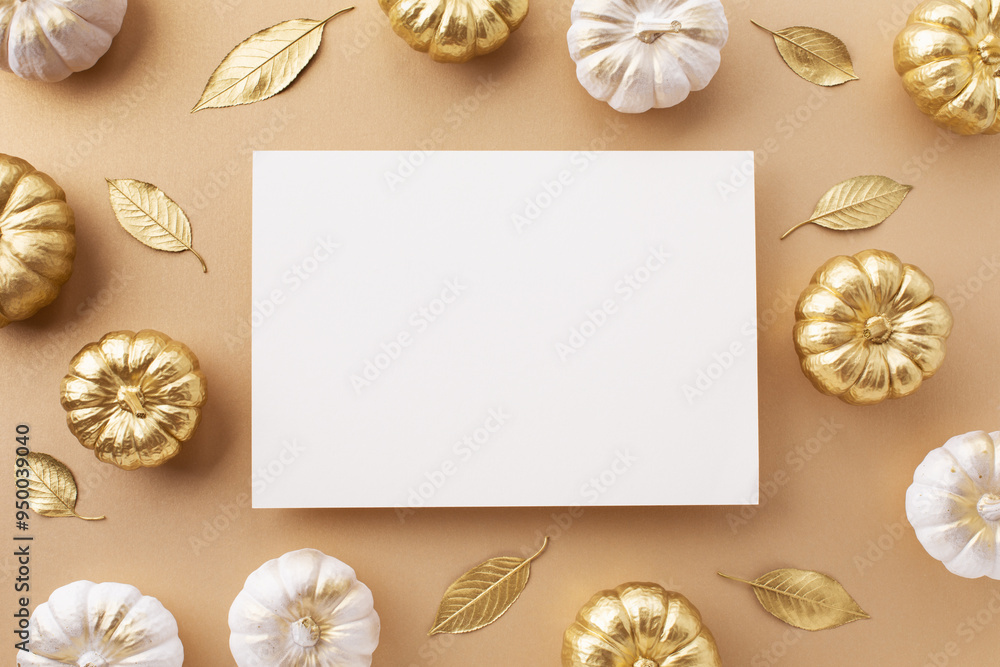 Paper blank card with stylized white and gold decorative pumpkins and golden leaves on a pale beige background for autumn and Thanksgiving invitation. Paper blank card with stylized white and gold decorative pumpkins and golden leaves on a pale beige background for autumn and Thanksgiving invitation.