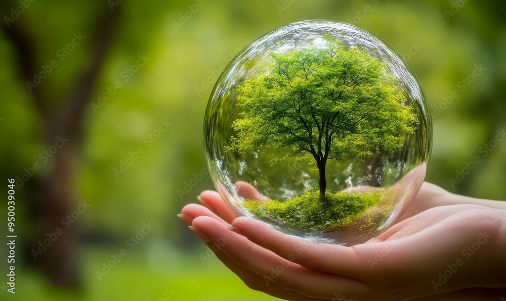 An image of hands holding a crystal glass globe with a growing tree in a green forest depicts preserving our planet and saving the environment. An image of hands holding a crystal glass globe with a growing tree in a green forest depicts preserving our planet and saving the environment.