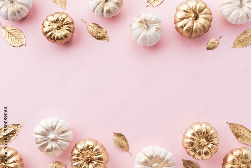 Stylized white and gold decorative pumpkins and golden leaves border on a pale pink background for autumn and Thanksgiving cards. Stylized white and gold decorative pumpkins and golden leaves border on a pale pink background for autumn and Thanksgiving cards.