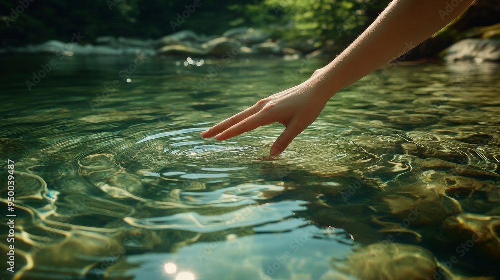 Nature's pure green river water on a sunny day touches the surface of the hand as a symbolic and ecological gesture to conserve natural resources and preserve the environment Nature's pure green river water on a sunny day touches the surface of the hand as a symbolic and ecological gesture to conserve natural resources and preserve the environment
