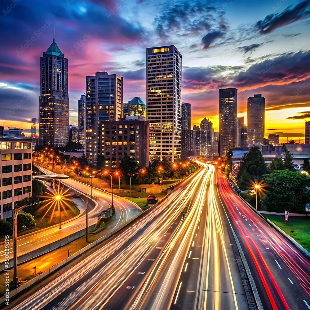 Fototapeta premium Warm light trails on a cityscape night