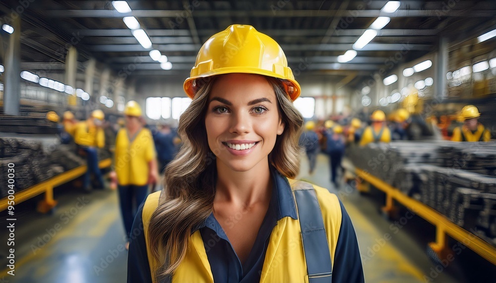 Confident Engineer in Manufacturing Plant A skilled engineer in a yellow hard hat confidently leads the way in a bustling factory setting. Confident Engineer in Manufacturing Plant A skilled engineer in a yellow hard hat confidently leads the way in a bustling factory setting.