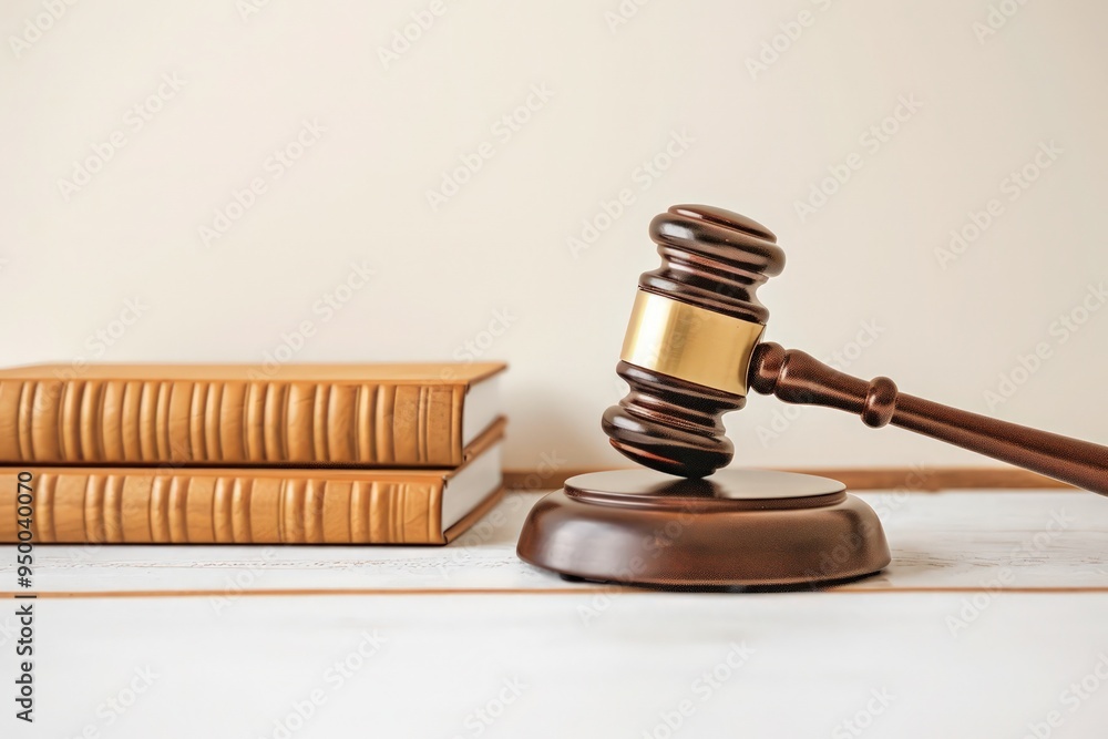 A gavel and a law book placed on a wooden table, representing justice and human rights, isolated on a clean white background. A gavel and a law book placed on a wooden table, representing justice and human rights, isolated on a clean white background.