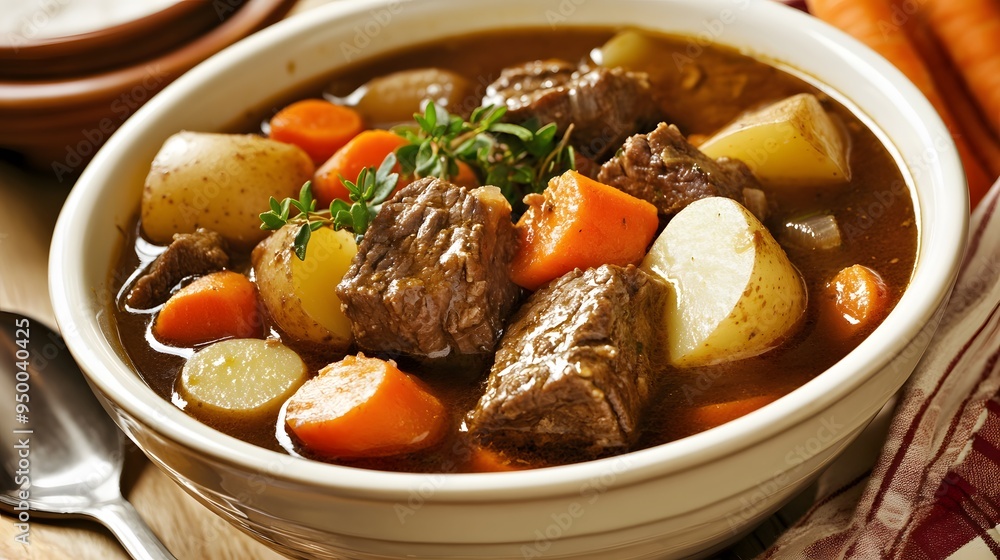 A bowl of hearty beef stew with potatoes and carrots. A bowl of hearty beef stew with potatoes and carrots.