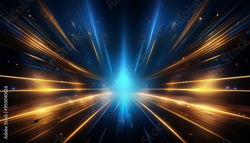 Dark blue neon light with rays of golden abstract night empty scene. The effects of light in the dark. Generative AI