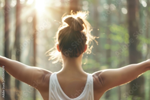 A woman with a ponytail is standing in a forest, with her arms outstretched. Concept of freedom and joy, as the woman is embracing the beauty of nature