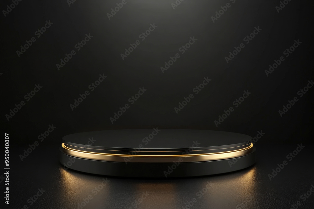 Luxurious round podium with a gold stripe is glowing in the dark Luxurious round podium with a gold stripe is glowing in the dark